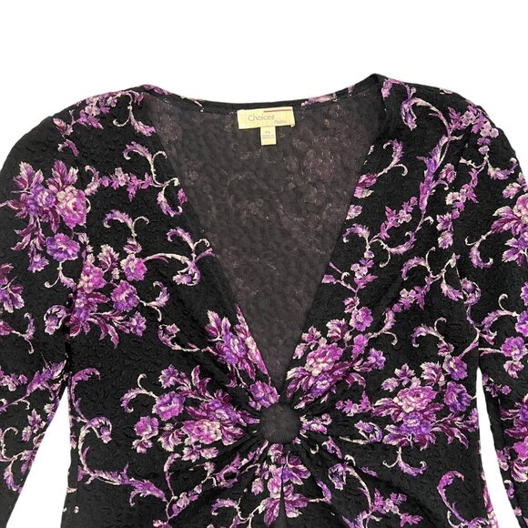 Vintage Y2K Floral Slinky Ring Deep Vneck Top Black Purple Small Disco Going Ou - Picture 3 of 13